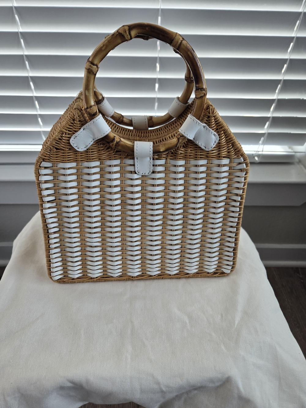 Woven Rattan Tote with White Accents and Bamboo Handles
